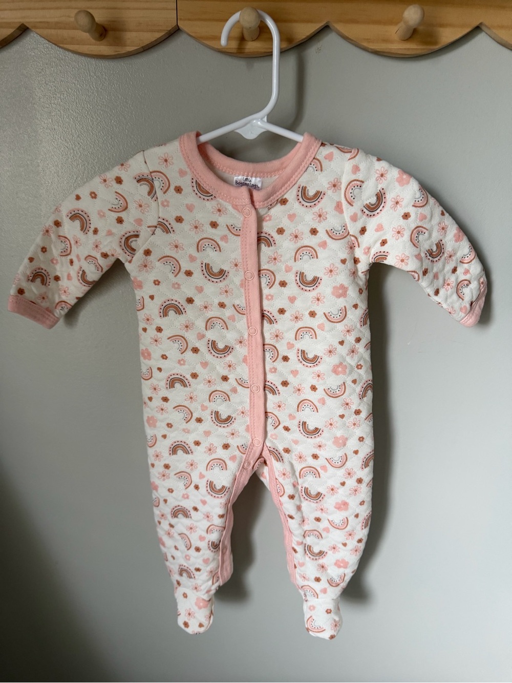 Little Beginnings 0-3M White Pink Rainbow Footed Long Sleeve Knit Snap Coverall